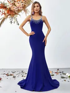 Rhinestone Detail Spaghetti Strap Mermaid Dress Elegant Fit