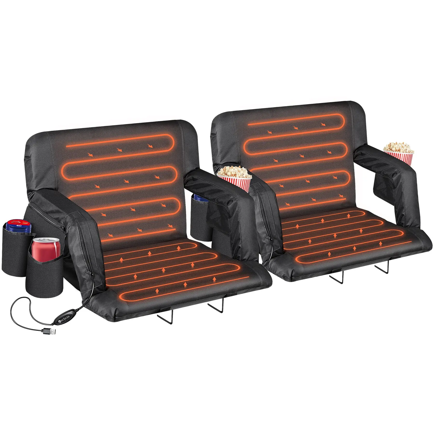 Set of 2 USB-Heated Stadium Seats, Foldable Portable Outdoor Chairs with Adjustable Back Support, Wide Cushion & Pockets for Bleachers, Camping, Usb Heating, Outdoor Seating Solutions, Collapsible Chairs, Foldable Chairs