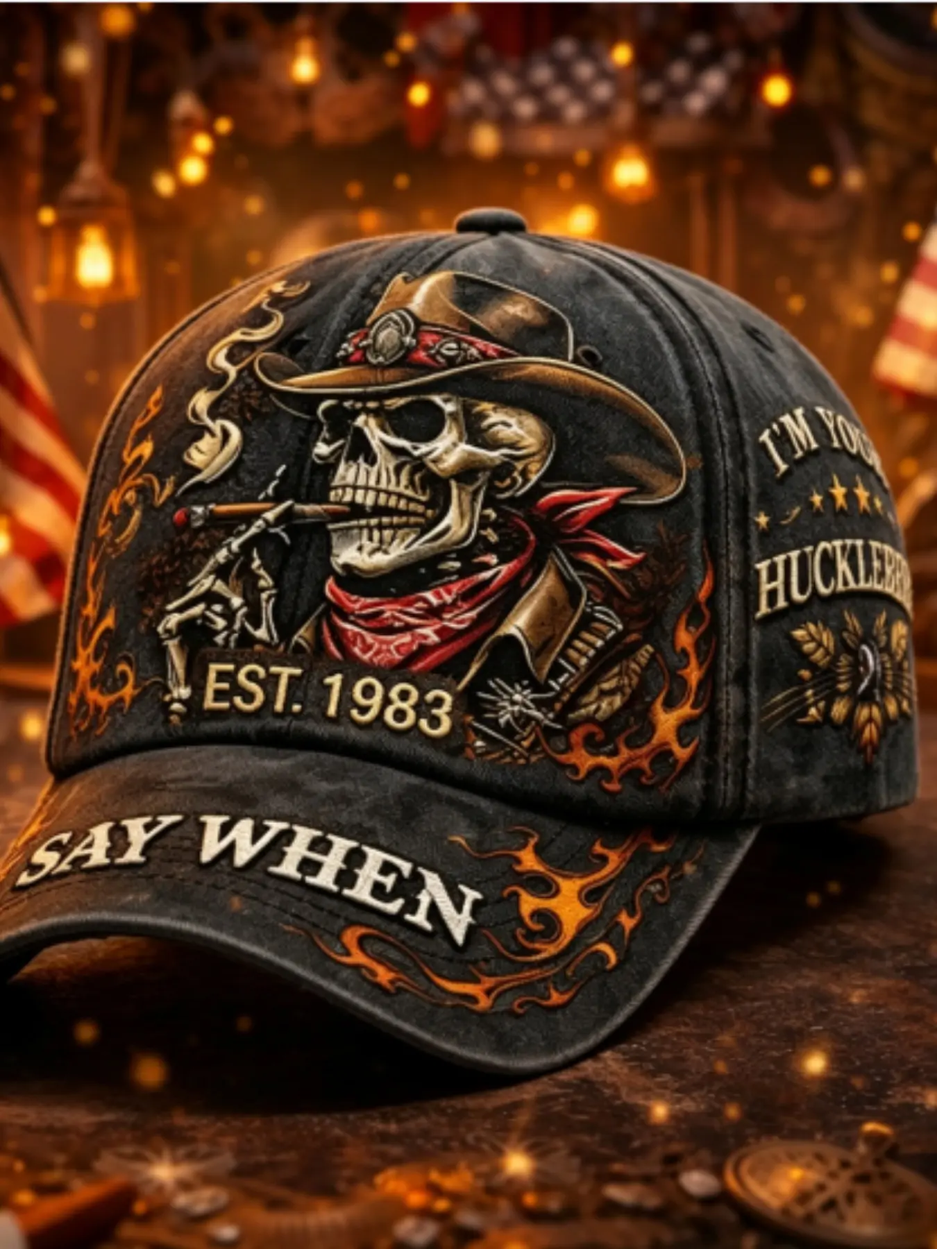 Say When I'm Your Huckleberry Baseball Hat, Vintage Washed Flame Print, Men's Western Theme Motorcycle Outdoor Cap, Loose-Fit Casual Style, Graphic Hats