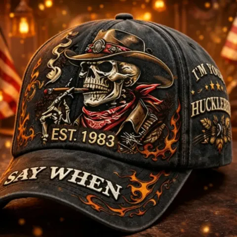Say When I'm Your Huckleberry Letter & Flame Pattern Baseball Cap, Vintage Washed Design, Men's Western Theme Outdoor Cap, Casual Style, Graphic Hat, Adjustable Casual Hats