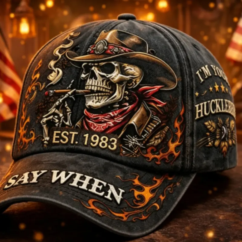 Say When I'm Your Huckleberry Letter & Flame Pattern Baseball Cap, Vintage Washed Design, Men's Western Theme Outdoor Cap, Casual Style, Graphic Hat, Adjustable Casual Hats