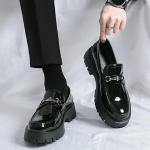 Mens Chunky Platform Loafers High Gloss Patent Leather Lug Sole Dress Shoes With Silver Metal Buckle Detail Trendy Streetwear Slip On Footwear Height Increasing Modern Smart Casual Party Statement Shoes Aesthetic Outfit Styling