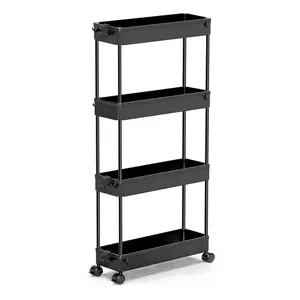 Slim Storage Cart, 4 Tier Bathroom Organizer Mobile Shelving Unit, Rolling Utility Cart Slide Out Organizer for Kitchen, Bathroom, Laundry, Black
