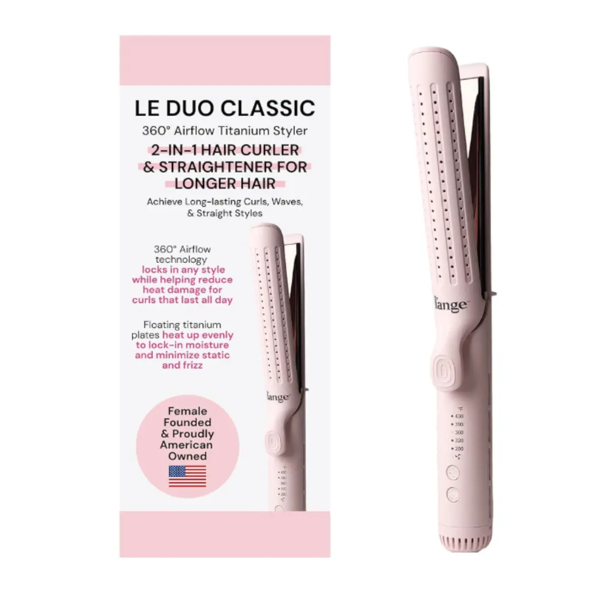 L'ANGE HAIR Le Duo Grande 360° Airflow Styler | Curl & Straighten with One Tool | 5.3" Snag-Free Titanium Plates | Cooling Air Vents to Set Curls | Adjustable Temp & Auto Shut-Off | Blush
