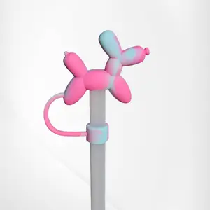 Balloon Dog 3D Silicone Straw Topper  - Pink & Teal Blue water bottle