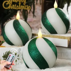 Set of 3 Christmas Sphere Candy-Cane Flameless Candles, Green&White Real Wax Flickering Ball Candles  Operated with Remote, Candy Cane Christmas Decorations,Xmas Party Tables Centerpieces Decor