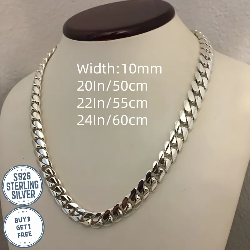 925 Sterling Silver Solid Cuban Link Necklace - 10mm Italian Style Cuban Link Chain for Men, 20Inch / 50Cm Unisex Casual Accessory, Gift Box Included, Ideal for Daily Wear, Birthday Gifts, Stylish Accessories, Solid Chain, Base Chain