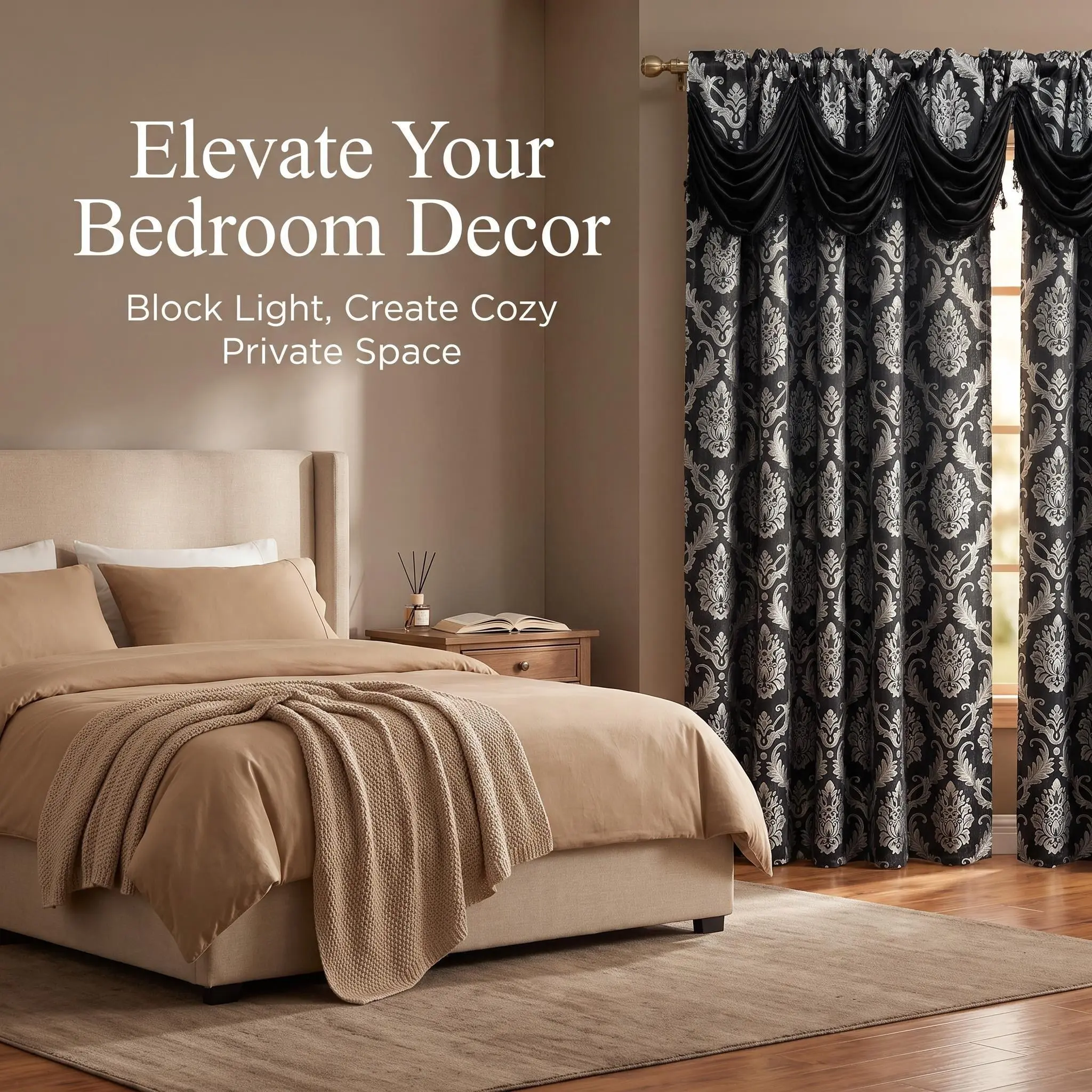Baroque Damask Curtain Set (2 Panels, 52x84/95/102/110 in) with Attached Swag Waterfall Elegant Valance Flow, Ornate Jacquard Double-Layer Rod-Pocket Full Window Drape, Satin Blackout Liner, Fringe Trim for Room Decor, House Decor Formal Living Room JV1