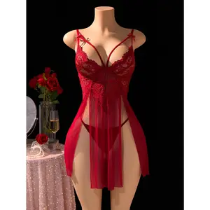 New Christmas Pajamas, Local Warehouse, Burgundy Lace Striped Deep V-neck Backless Pajama Sets for Women Unwired Bra, Comfortable Underwear Dress, Perfect for Dates