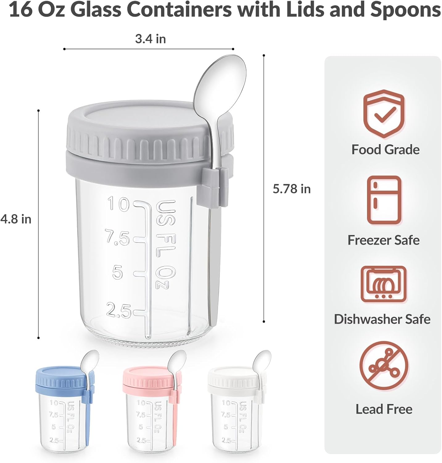 4 Pack Overnight Oats Containers with Lids and Spoons - 16 Oz Glass Mason Jars for Overnight Oats Leak Proof Oatmeal Container Great for Cereal Fruit Vegetable Milk Salad Yogurt Meal Prep