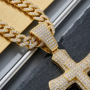 Unisex Long Statement Cross Cuban Chain, Full CZ, Available in Gold and Silver Tones