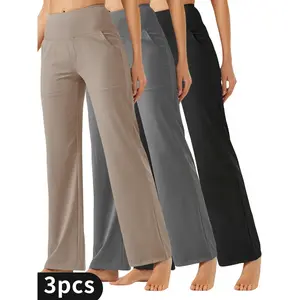 3-Pack Women's High-Waisted Straight Leg Pants - Stretchy Knit Trousers with Pockets for Work, Travel & Spring/Fall Lounging