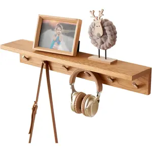Oak  Coat Rack Wall Mount with Shelf 27.5 Inch Long Entryway Wall Shelf with 6 Hooks, Floating Shelf with Hooks Wall Coat Hooks for Bathroom, Hallway, Living Room