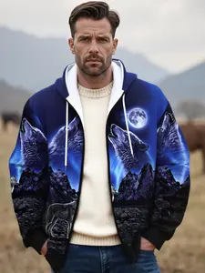 Men's Casual Hooded Jacket Full Body Wolf 3D Print Polyester Fiber Long Sleeved Zipper Design with Pockets Drawstring for Outdoor Autumn Winter