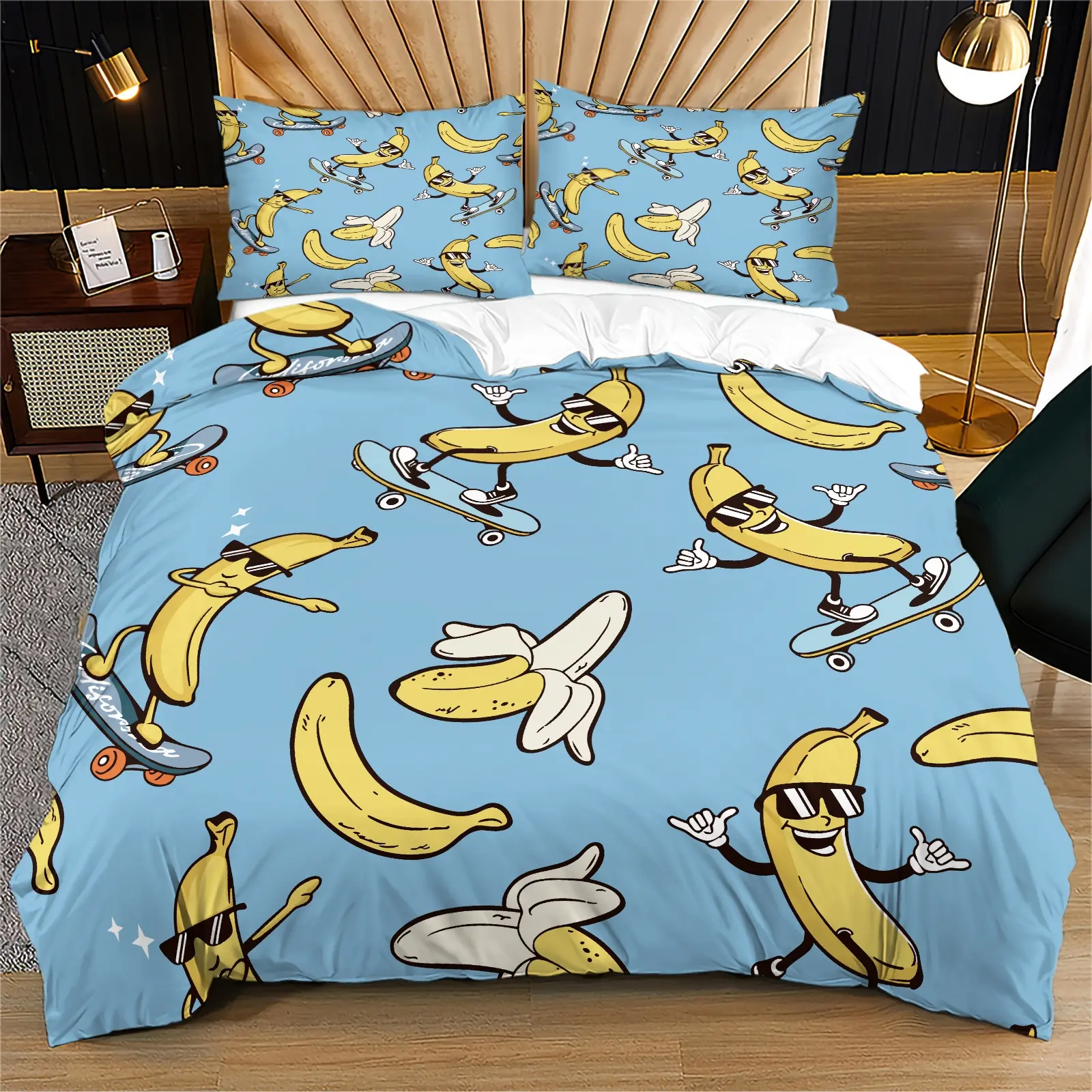 Sunglasses skateboard banana duvet cover, blue background, funny and cute, suitable for children's bedroom decoration gift, including 1 bed duvet cover and 1 or 2 pillowcases without core and pillow
