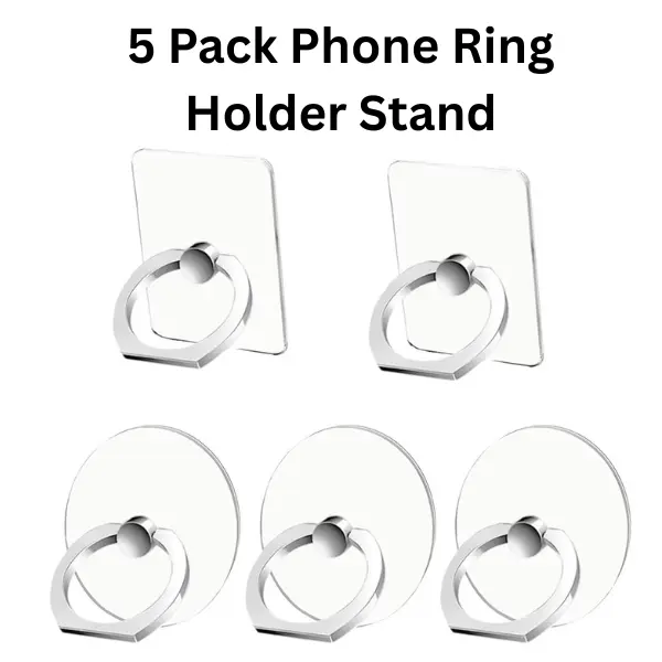 5-Pack Clear Cell Phone Ring Holder Stand – 360° Rotating Transparent Finger Kickstand Grip for iPhone, Samsung & All Smartphones & Tablets