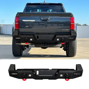 TIOYAR Steel Rear Bumper Car Accessories - Black Texture, 2 LED Lights, 2 D-Rings, Off-Road Performance for 2024-2025 Toyota Tacoma (Installation Requires Cutting)