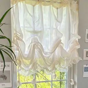 French Cream Ruffle Roman Curtain, Sheer Fabric Roller Blind, Bedroom Bay Window Decorative Curtain, Light Filtering Drapery
