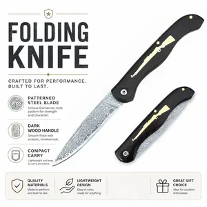 Damascus Steel Folding Knife with Ebony Handle, Pocket Knife for Outdoor Camping Hiking Fishing, Durable and Lightweight Design