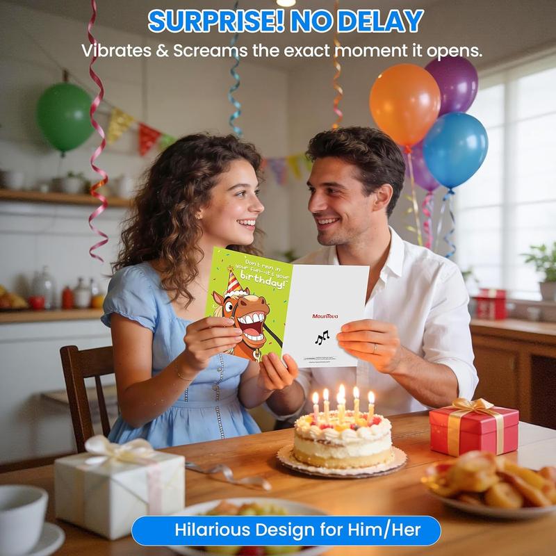 Funny SHAKING & MUSICAL Birthday Cards for Women Men, Hilarious Horse-Themed Pop Up Bday Card with Envelope & Note Card for Friends Coworkers, 5.9 x 7.9 Inches