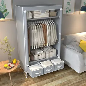 Portable Clothes Closet with Rolling Doors, Non-Woven Fabric Storage Organizer, Hanging Rack & 3 Drawer Boxes - Easy No-Tool Assembly (35.4 x 17.7 x 67.0 inches, Gray)