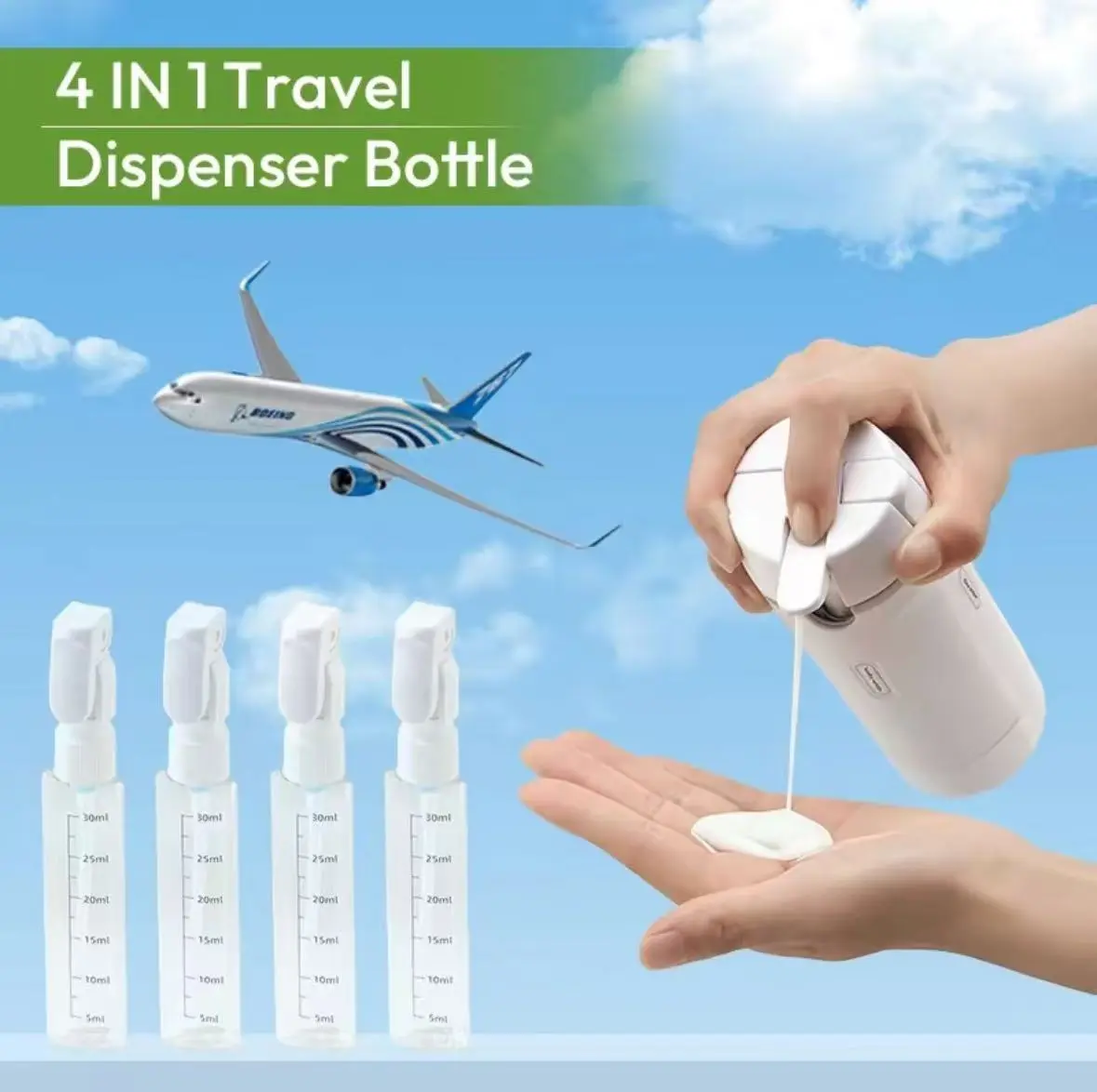 4-in-1 Modern Refillable Travel Toiletry Dispenser Bottle - Easy-Press, Space-Saving Reusable Plastic Storage Bottles & Jars for Shampoo, Lotion, Cosmetics, Home Supplies (Wholesale Available)