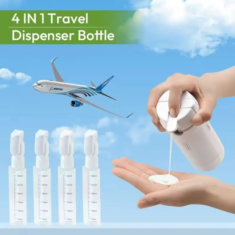 4-in-1 Modern Smooth Refillable Cosmetic Storage Bottle - Easy-Press, Compact, Portable Reusable Plastic Organiser with Convenient Design for Shampoo, Lotion; Wholesale Available (Home Supplies Refillable Bottle)