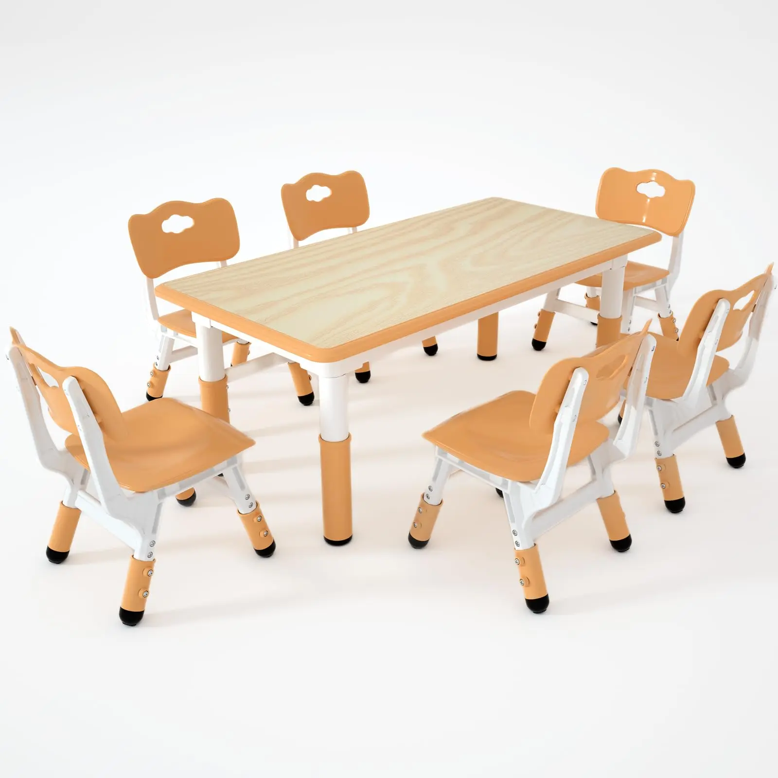 Kids Table and 6 Chairs Set，Height Adjustable Children Table & Chair，Toddlers Study Multi-Activity Table with 47.2"x23.6" Wipe-Clean Desktop，for Classrooms, Homes & Daycares , GRAY, BLUE, BROWN