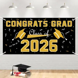 2026 Graduation Decorations - Black Gold Polyester Graduation Backdrop - Graduation Party Decorations - Congrats Grad Banner - Graduation Decorations Class of 2026 2027,Graduation Party Favors Supplies Yard Sign