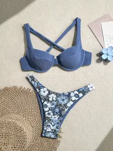 Blue Ribbed Crisscross Push Up Bikini Set, Floral Print Swimsuit, Vintage Summer Beachwear for Women, Trendy Bathing Suit