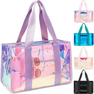 Iridescent Clear Beach Bags Waterproof Sandproof for Women, Large Jelly Tote Zipper Pool Bag Cruise Essentials 2026