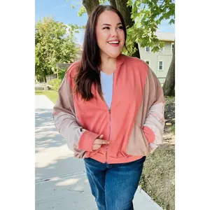 Boldy You Camel Dolman Sleeve Colorblock Knit Bomber Jacket