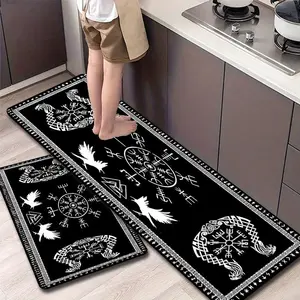 Flannel Kitchen Mat Set, Nordic Viking Runes & Raven Totem Design, Anti-Slip, Absorbent, Home Decor, Kitchen Runner Rug