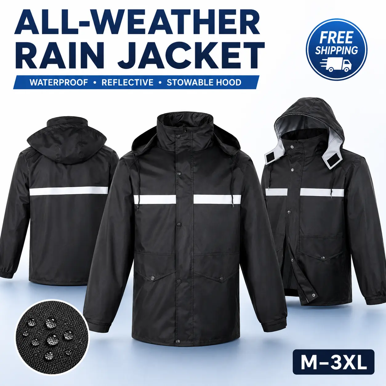 Unisex Adults' Waterproof Reflective Rain Jacket - 300D Oxford Fabric, Hooded with Breathable Mesh Lining, Stowable Hood, Front/Back Reflective Strips for Cycling, Outdoor Work (Party Gift for Festive & Home Supplies Use)