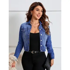 Flap Pocket Button Front Denim Jacket Cotton Fit Long Sleeve Polyester Women's Coats Womenswear Fitted