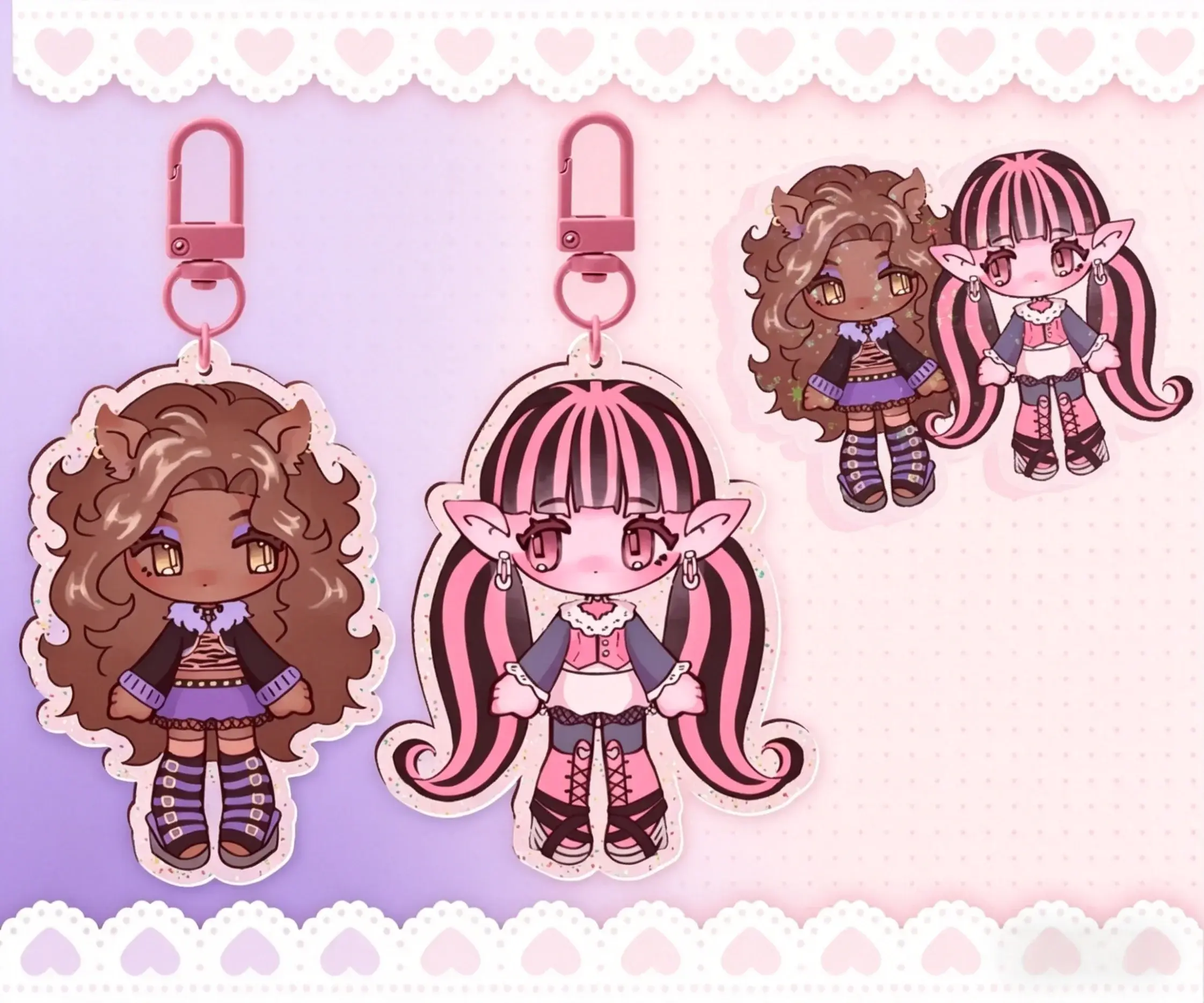 Clawdeen & Draculaura Keychain, Monster High Charm, Gift for Fans