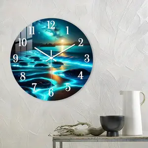 Acrylic Wall Clock with Night Glowing Ocean Design, Silent Analog Clock for Living Room, Fantasy Theme Room Decor, Ideal Aesthetic Gift