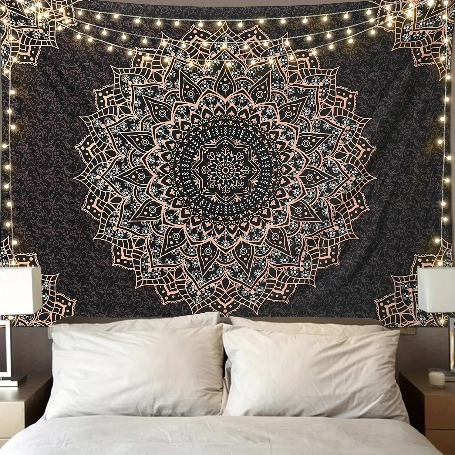 Black Mandala Tapestry Wall Hanging - Smooth Lightweight Peachskin House Decor, Wrinkle-Resistant Intricate Bohemian Hippie Galaxy Space Art for Bedroom, Eid Celebration