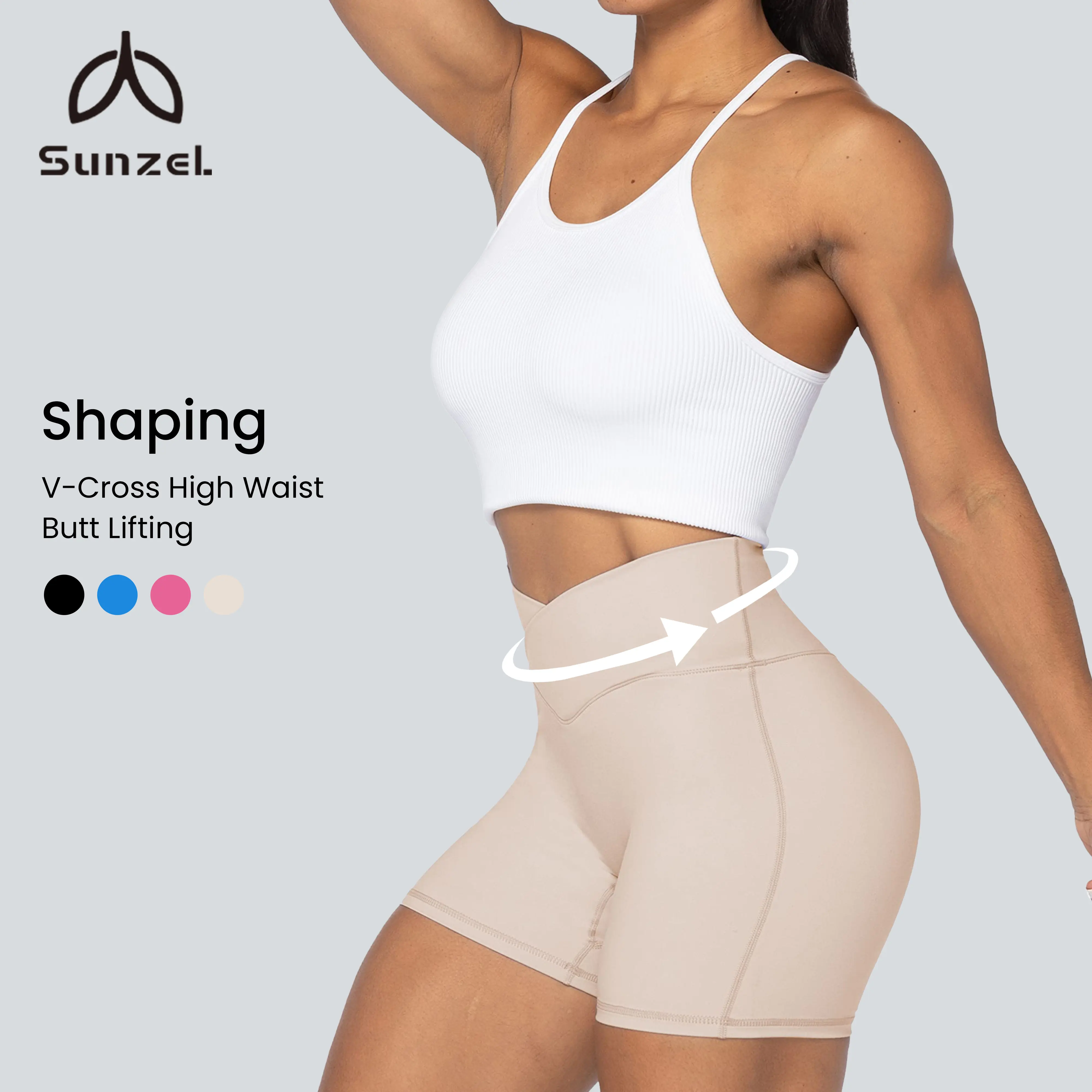 Sunzel Women's V-Cross High Waist Yoga Booty Shorts, 4" Inseam, No Front Seam Buttery Soft Fabric, Tummy Control Scrunch, Seamless Stretchy Breathable Athletic Wear Shorts for Gym Workouts, Seamless Soft Shorts