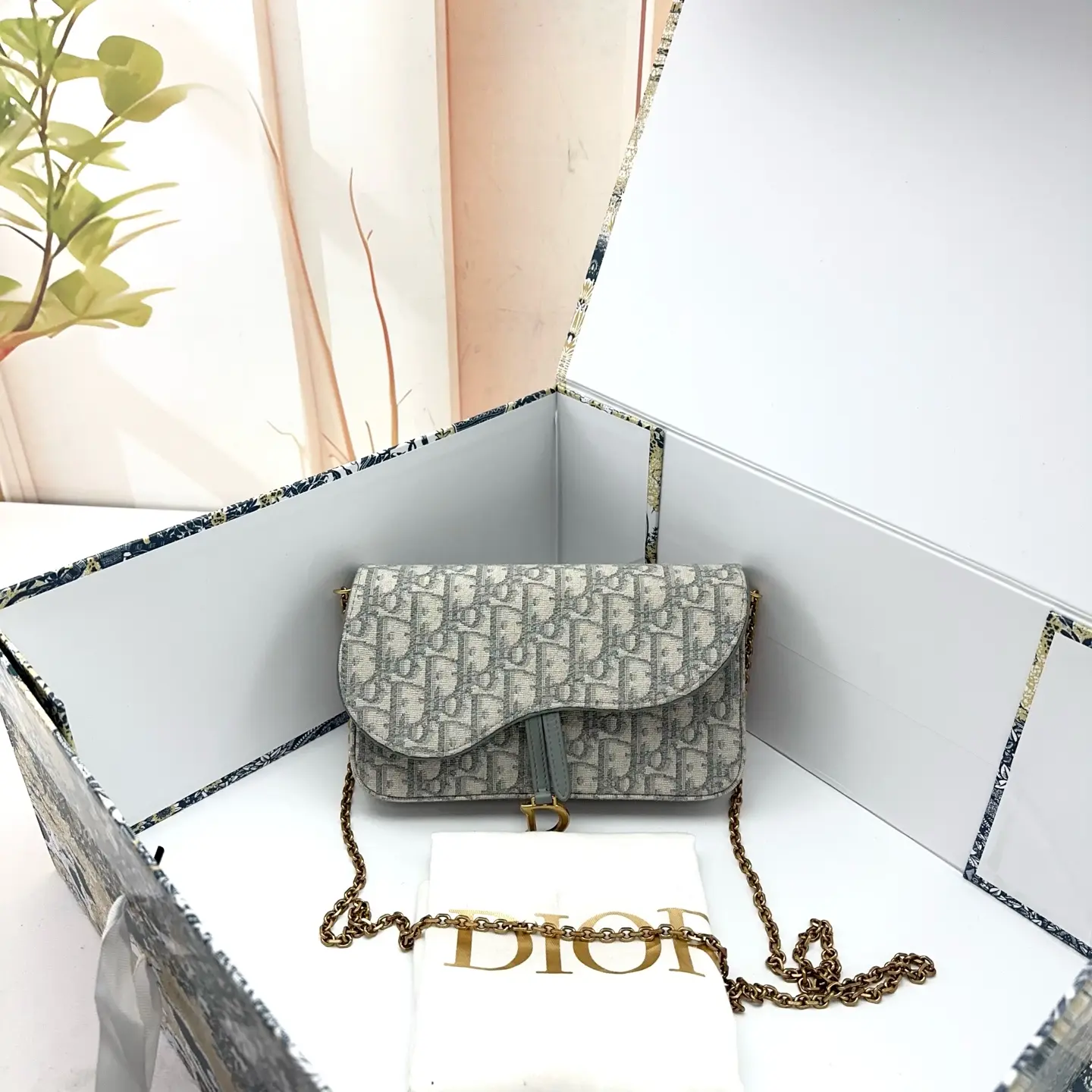 Pre-owned Dior Grey Oblique Jacquard Saddle Chain Shoulder Purse 21680487