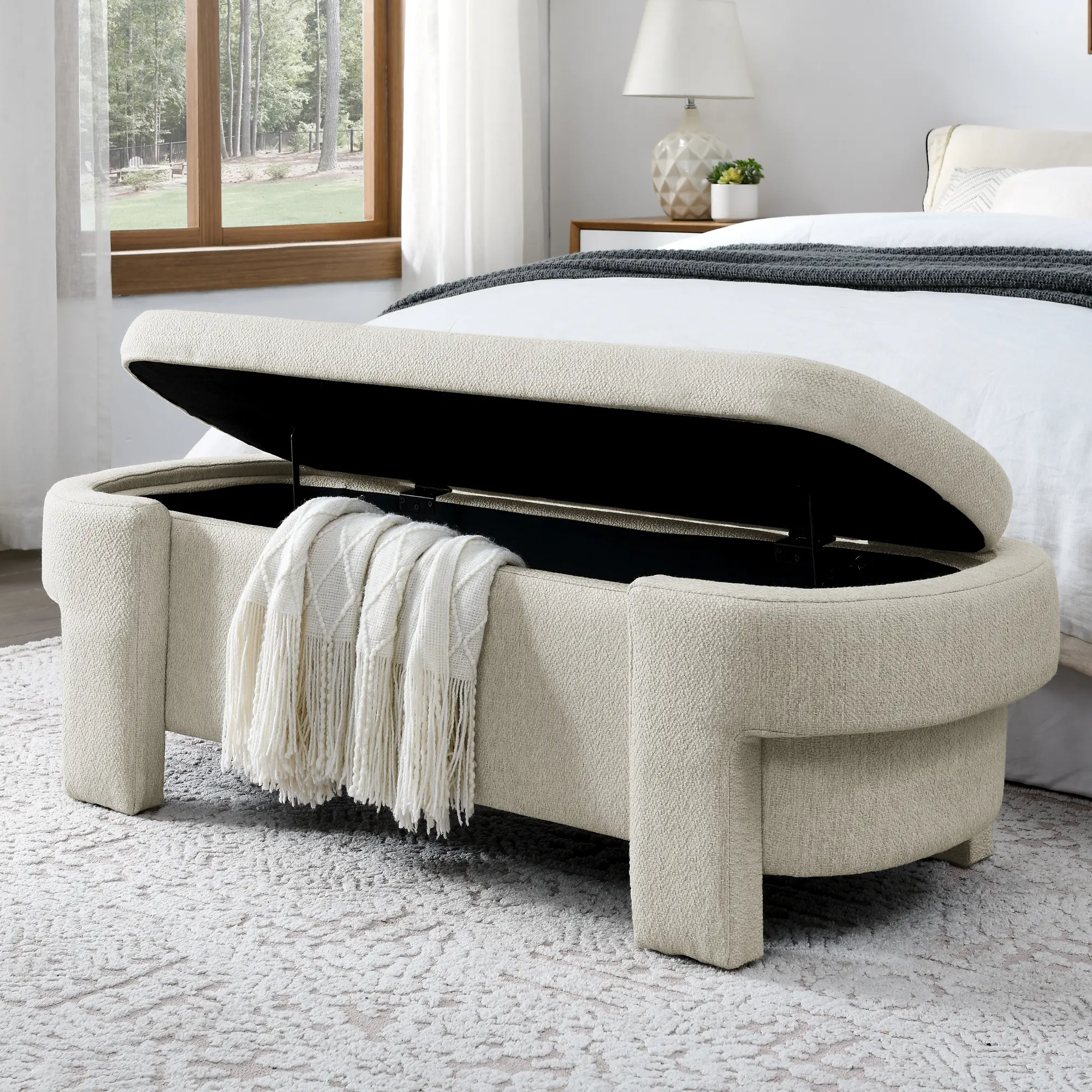 Niccae 51.5” Oval Storage Bench – Linen Upholstered Ottoman with Spacious Storage, Perfect for End of Bed, Living Room, Entryway, Bedroom, or Hallway Seating