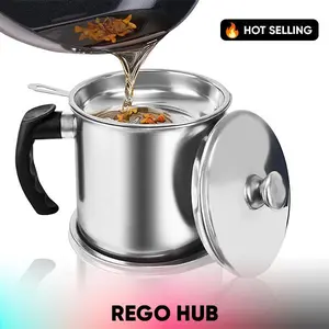Stainless Steel Kitchen Grease Container with Strainer & Lid – Oil Storage Can with Easy-Pour Handle for Cooking Oil & Bacon Grease