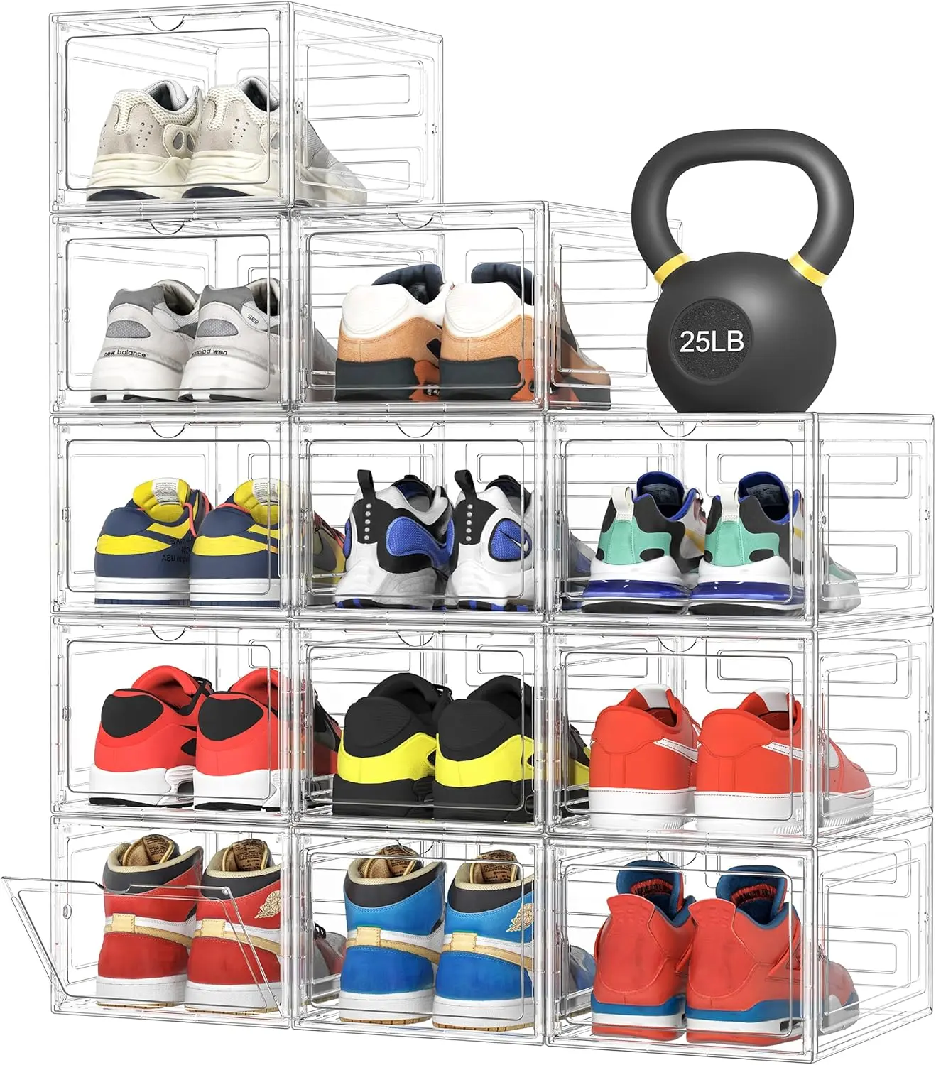 10 Pack Clear Shoe Storage Organizer with Magnetic Door,Stackable Plastic Shoe Boxes for Sneakers,Boots,and Heels,Space-Saving Foldable Shoe Rack for Closet,Durable Shoe Cabinet Organizer,White