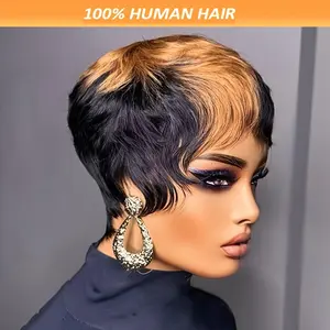 Wholesale NEW Hot Women's Pixie Cut Wig - Human Hair, Black with Brown Highlights, Short Straight Style with Bangs, 180% Density, Full Machine Made, No Lace Front, Rose Net Cap, Suitfor African Women