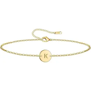 Personalized Initial Bracelet, 18K Gold Plated Stainless Steel Letter Bracelet Dainty Coin Charm Bracelet Delicate Disc Name Bracelet for Women