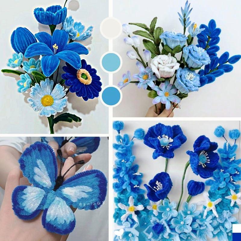 Blue Pipe Cleaner Kit With 150 count Pipe Cleaners Colourful in 3 Colours(Dark Blue,Light Blue,Green),8 Pcs Green Floral Wire,40 ,40 Stamen,Floral Tape,Flower Wrapping Paper and Ribbon