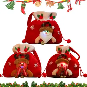 Festive Christmas Drawstring Gift Bags 3Pcs Reusable Fabric Pouches with Santa Snowman Elk Characters for Small Presents Stocking Stuffers 13 Inches Height