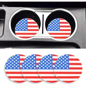 4 Car Cup Coasters, 2.75 Inch Soft Anti-Slip Insert Car Cup Holder Coaster, Black and White Checkered Pattern Car Coaster of Cup Holder, Universal Auto Interior Accessories (American Flag)