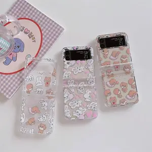 Korean style Bunny Bear Phone Case with Lanyard For Samsung Galaxy Z Flip6 4 3 Hard Cover For ZFlip5 zflip4 Solid Shell Bracket