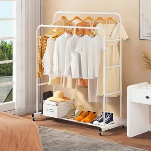 Mobile Metal Garment Rack with Bottom Shoe Shelf (White)